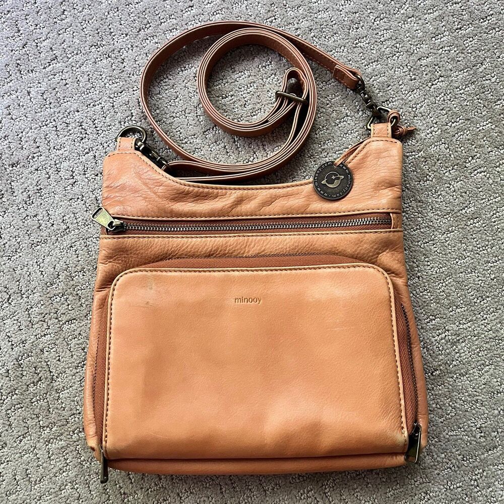 Minooy Eris Leather Crossbody Organizer Handbag Tan Adjust RFID Blocking Travel